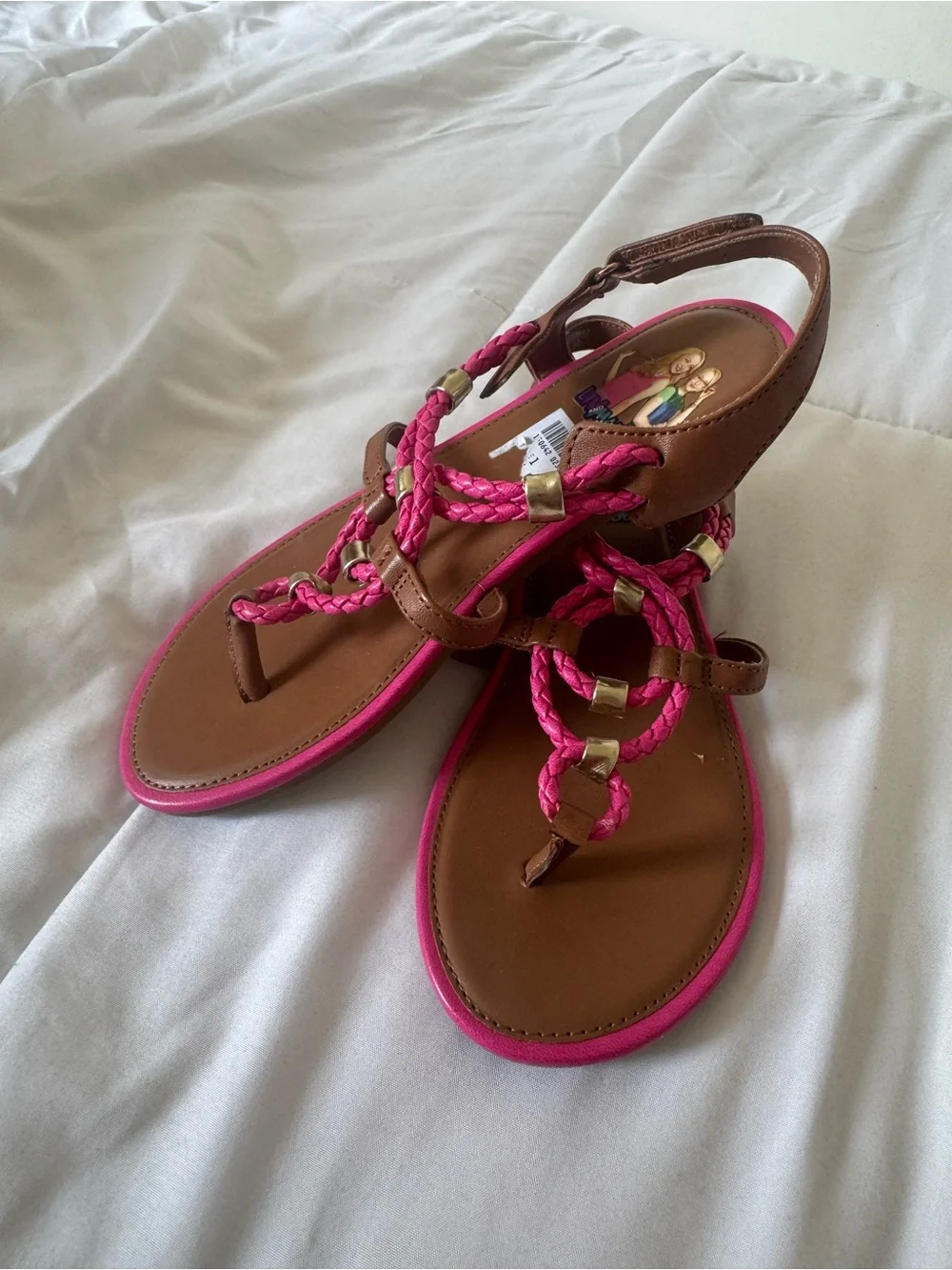 Girls Brown Sandals with Pink Braided Straps sz 1